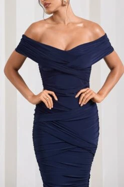 Amanda | Navy Twisted Wrap Bardot Midi Dress 9 Amanda | Navy Twisted Wrap Bardot Midi Dress -Sangyong Store WB CL133099015 AmandaNavyTwistedWrapBardotMidiDress5
