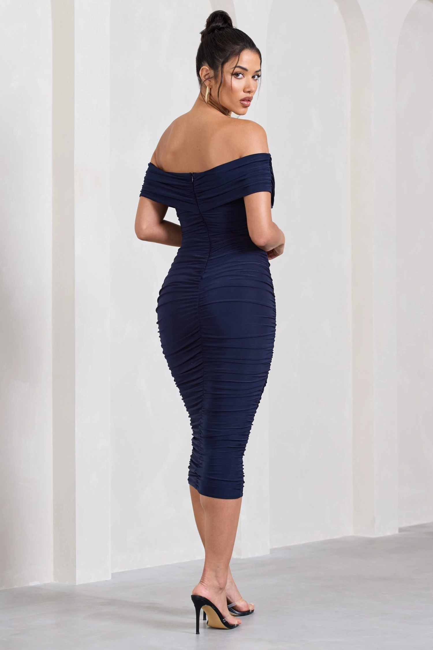 Amanda | Navy Twisted Wrap Bardot Midi Dress 4 Amanda | Navy Twisted Wrap Bardot Midi Dress - Image 2