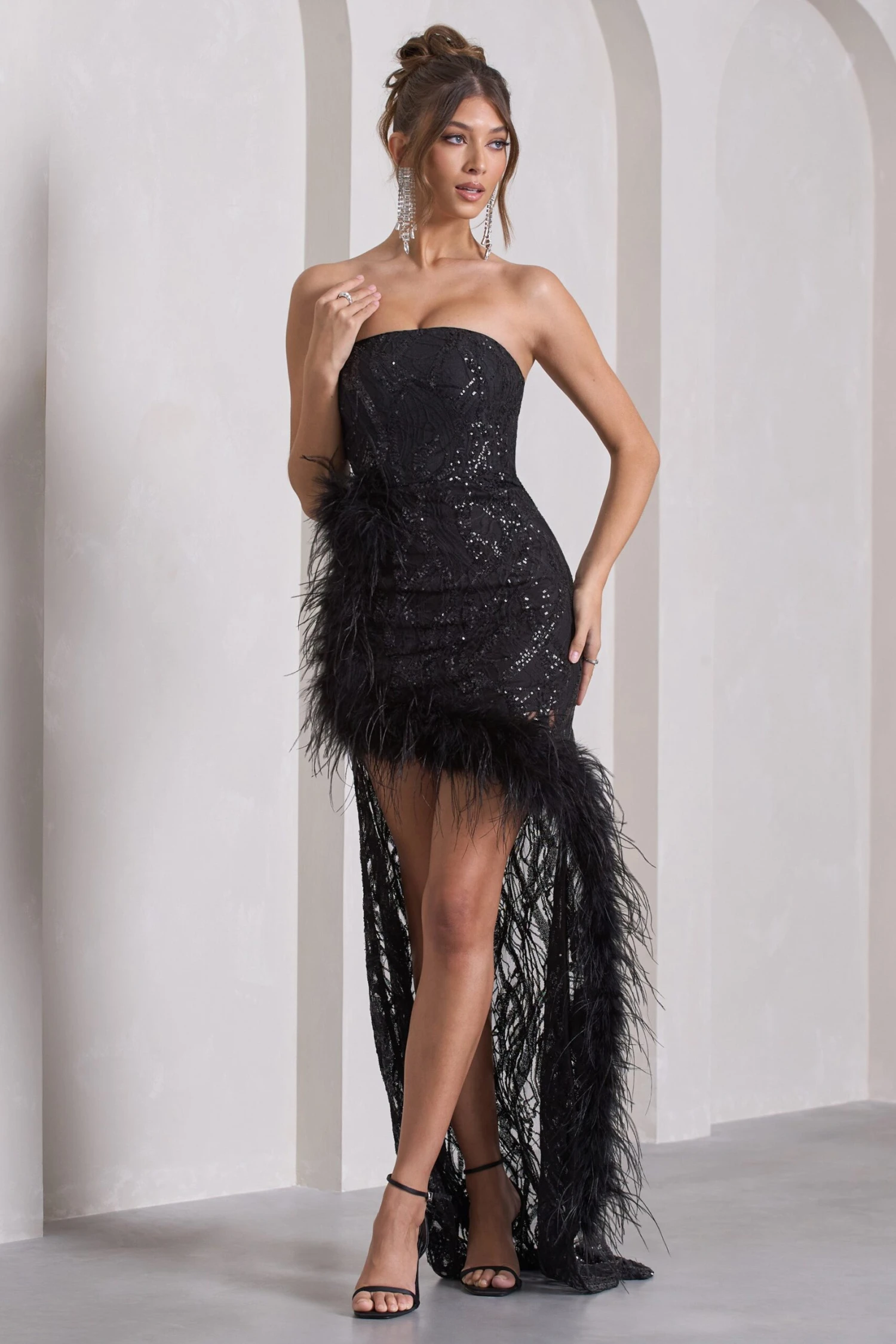 Down The Line | Black Sequin Bandeau Split Maxi Dress With Feather Trim 6 Down The Line | Black Sequin Bandeau Split Maxi Dress With Feather Trim - Image 4