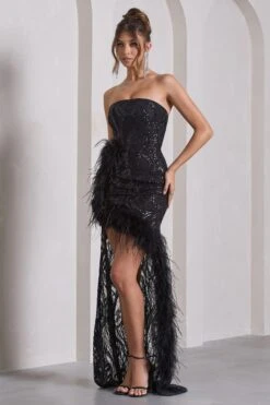 Down The Line | Black Sequin Bandeau Split Maxi Dress With Feather Trim 11 Down The Line | Black Sequin Bandeau Split Maxi Dress With Feather Trim -Sangyong Store WB CL133109002 DownTheLine BlackSequinBandeauSplitMaxiDressWithFeatherTrimBLACK7