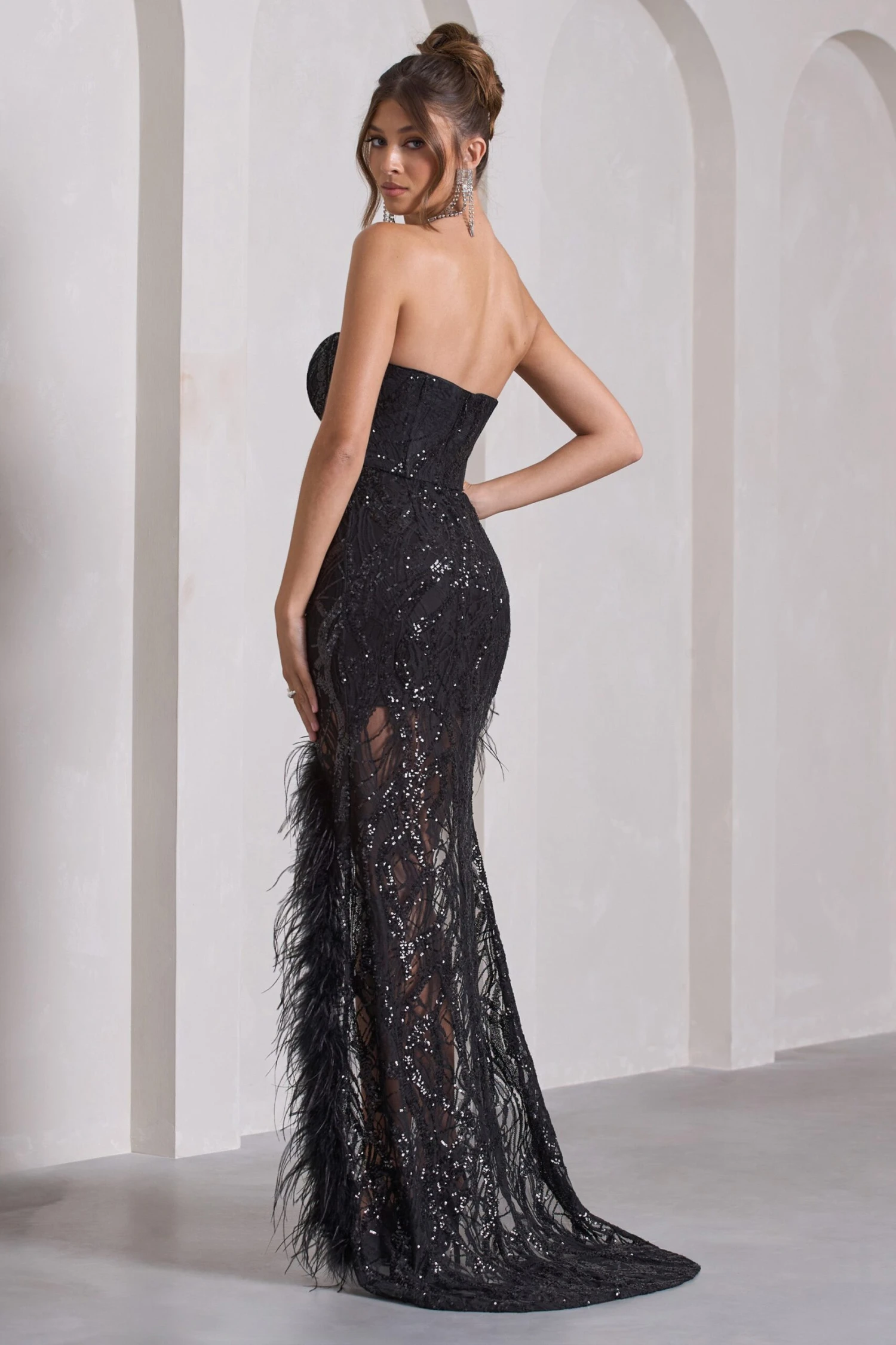 Down The Line | Black Sequin Bandeau Split Maxi Dress With Feather Trim 4 Down The Line | Black Sequin Bandeau Split Maxi Dress With Feather Trim - Image 2