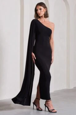 Kamila | Black Asymmetric Open-Back Maxi Dress With Cape Sleeve -Sangyong Store WB CL133113002 KamilaBlackAsymmetricOpen BackMaxiDressWithCapeSleeve8
