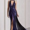 Lost | Purple Metallic Halter-Neck Cut-Out Split Maxi Dress With Drape -Sangyong Store WB CL133124104 LostPurpleMetallicHalter NeckCut OutSplitMaxiDressWithDrape0