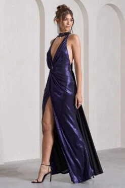 Lost | Purple Metallic Halter-Neck Cut-Out Split Maxi Dress With Drape -Sangyong Store WB CL133124104 LostPurpleMetallicHalter NeckCut OutSplitMaxiDressWithDrape11
