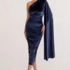 Gloria | Navy Velvet One Shoulder Cape Bodycon Midi Dress -Sangyong Store WB HR BR CL128015 GloriaNavyVelvetOneShoulderCapeBodyconMidiDress1
