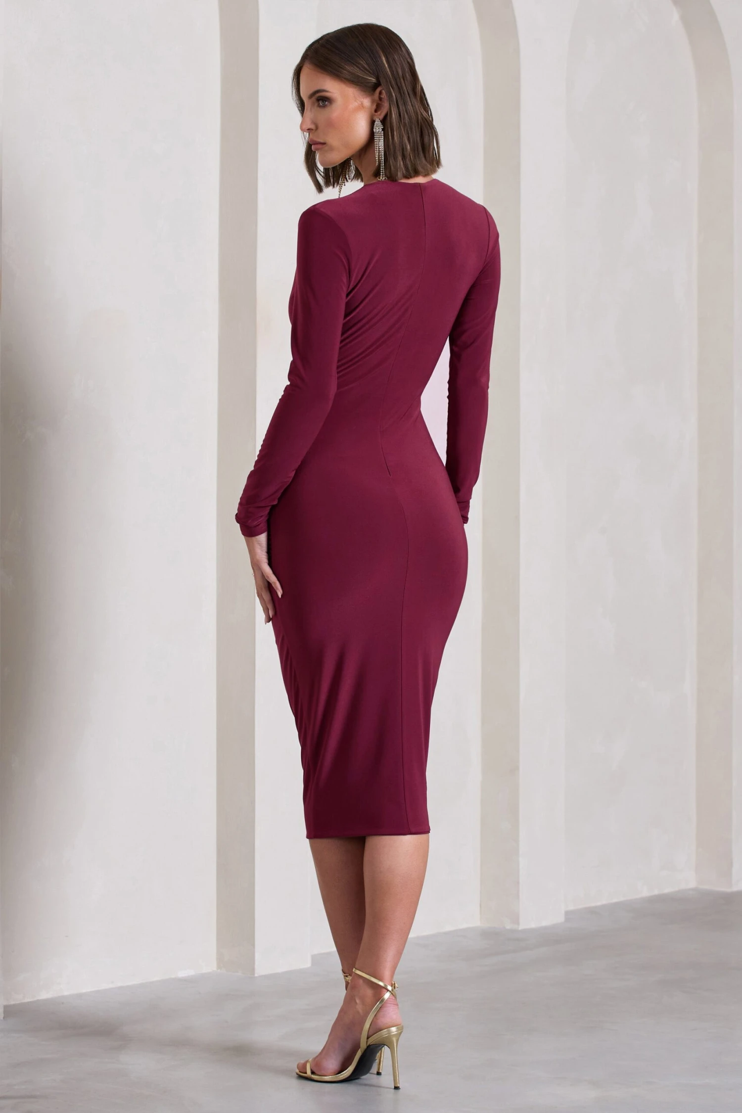 Marcia | Burgundy Bodycon Plunge-Neck Midi Dress 4 Marcia | Burgundy Bodycon Plunge-Neck Midi Dress - Image 2