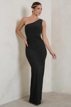 Kary | Black One Shoulder Thigh Split Maxi Dress -Sangyong Store WB HR CL123999 KaryBlackOneShoulderThighSplitMaxiDress1