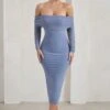 Only You | Ice Blue Ruched Mesh Bardot Midi Dress -Sangyong Store WB HR CL124595 OnlyYouIceBlueRuchedMeshBardotMidiDress0