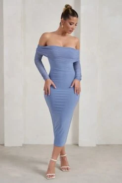 Only You | Ice Blue Ruched Mesh Bardot Midi Dress 10 Only You | Ice Blue Ruched Mesh Bardot Midi Dress -Sangyong Store WB HR CL124595 OnlyYouIceBlueRuchedMeshBardotMidiDress1
