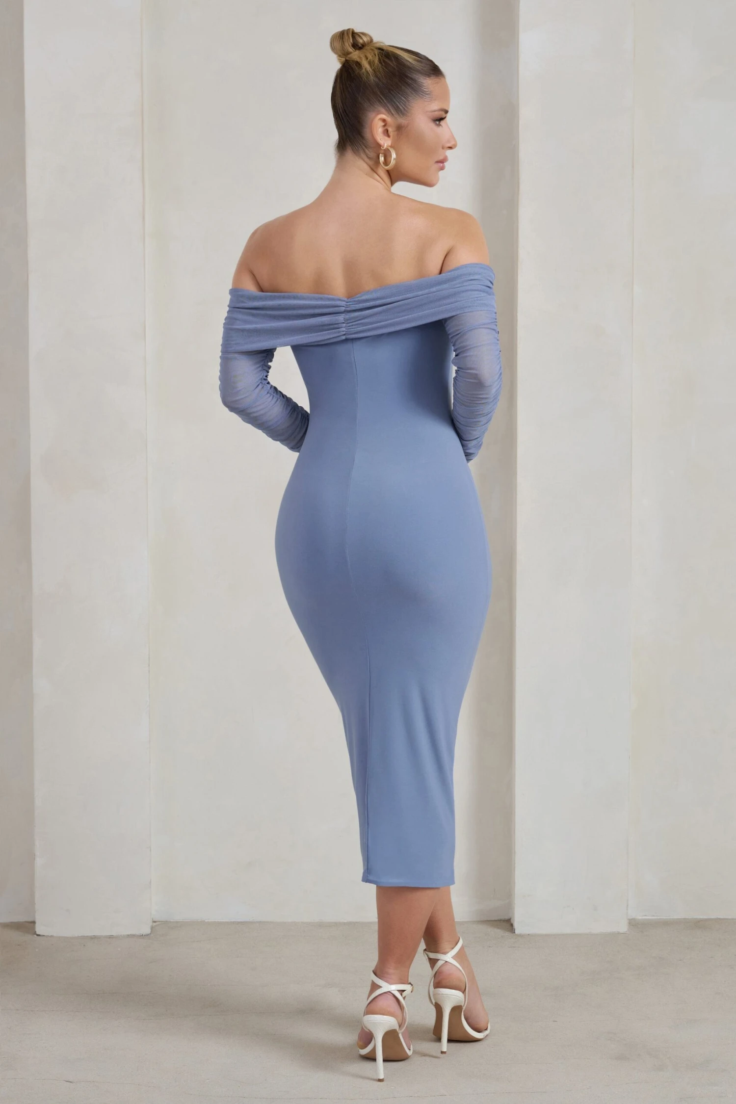 Only You | Ice Blue Ruched Mesh Bardot Midi Dress 4 Only You | Ice Blue Ruched Mesh Bardot Midi Dress - Image 2