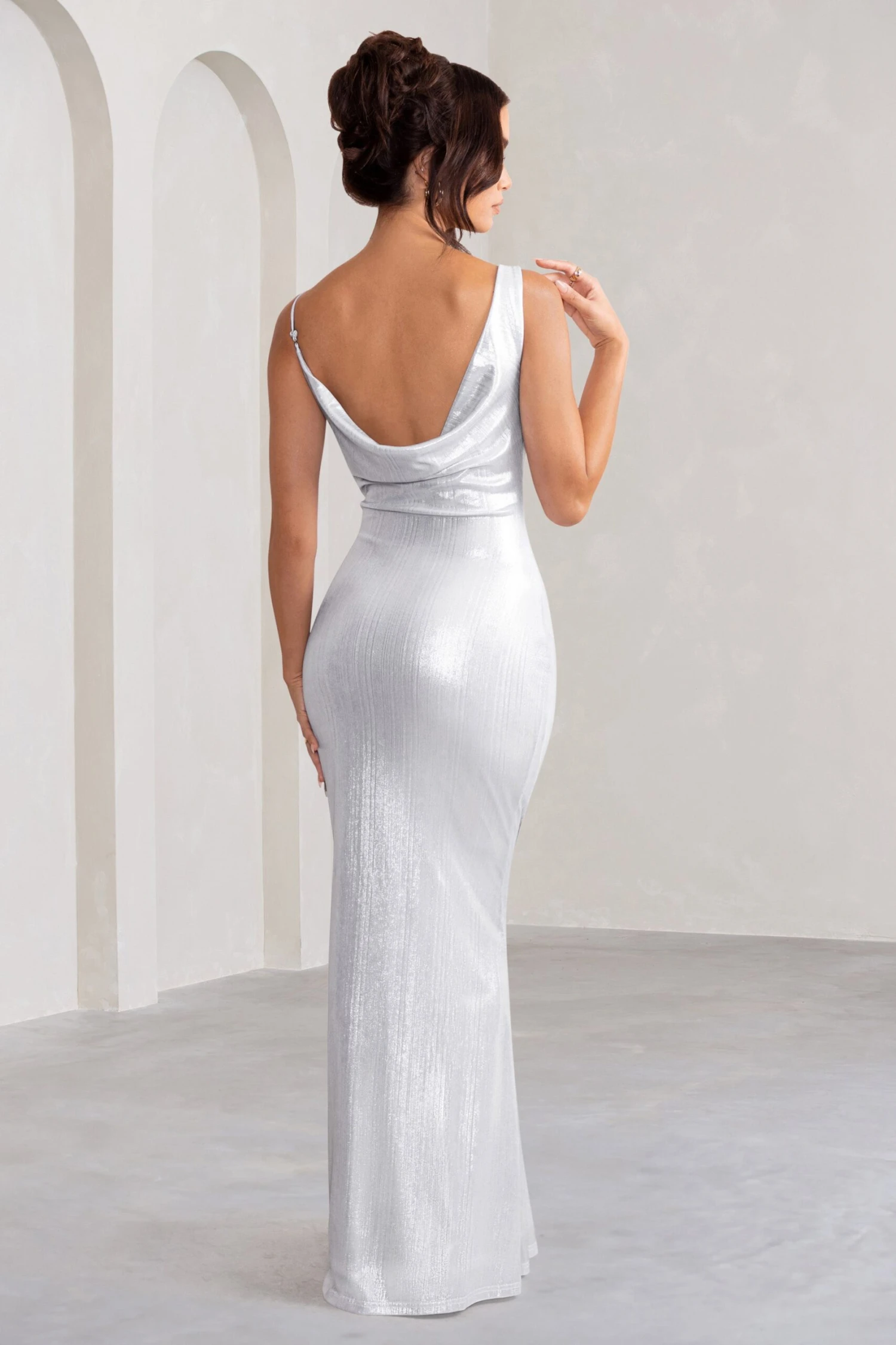Galaxy Shimmer | Silver Bias Cut Cowl Front Maxi Dress 4 Galaxy Shimmer | Silver Bias Cut Cowl Front Maxi Dress - Image 2