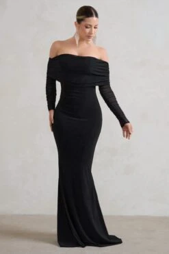 Madeleine | Black Fishtail Maxi Dress With Bardot Mesh Long Sleeves -Sangyong Store WB HR CL124634 MadeleineBlackFishtailMaxiDressWithBardotMeshLongSleeves1 1 7291aa3c 2a3a 4c8c 9e8b 15a734b5e2c3