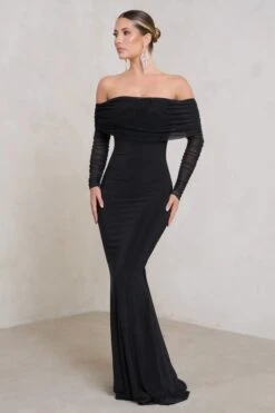 Madeleine | Black Fishtail Maxi Dress With Bardot Mesh Long Sleeves -Sangyong Store WB HR CL124634 MadeleineBlackFishtailMaxiDressWithBardotMeshLongSleeves3 1 8f161ce8 d5cc 4a7b 86ef 0bdcd9dcc211