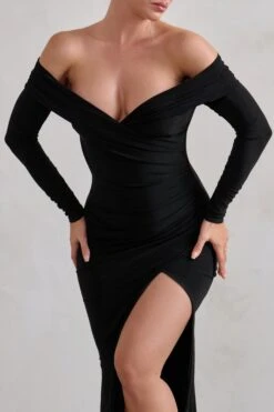 One Moment | Black Bardot Wrap Ruched Split Maxi Dress -Sangyong Store WB HR CL124668 BlackBardotWrapRuchedSplitMaxiDress4