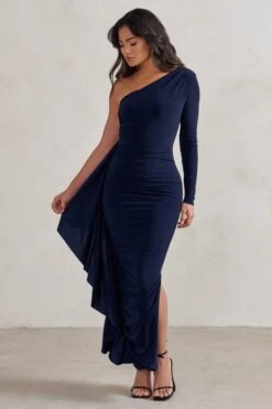 Never Let Go | Navy One Shoulder Ruched Side Detail Maxi Dress -Sangyong Store WB HR CL125517 NeverLetGoNavyOneShoulderRuchedSideDetailMaxiDress2