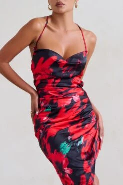 Risk It All | Black & Red Floral Print Cami Cowl Neck Asymmetric Hem Dress -Sangyong Store WB HR CL126039 RiskItAll BlackFloralCamiCowlNeckAsymmetricHemDress3