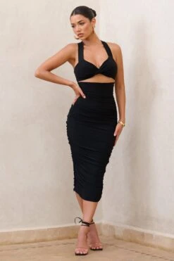 Embody | Black Cut Out Twist Front Ruched Midi Dress -Sangyong Store WB HR CL126226 EmbodyBlackCutOutTwistFrontRuchedMidiDress2