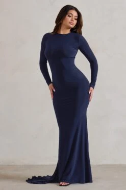 One Step Ahead | Navy Long Sleeve Backless Fishtail Maxi Dress