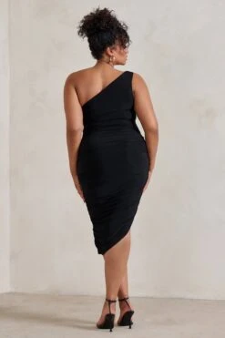 Late Night | Black Asymmetric One Shoulder Ruched Midi Dress -Sangyong Store WB HR CL126680 LateNight BlackAsymmetricOneShoulderRuchedMidiDress4