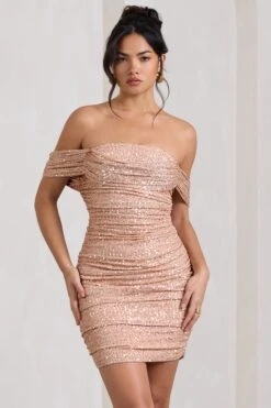 Light Up | Gold Sequin Bardot Mini Dress With Drape Detail -Sangyong Store WB HR CL126702007 LightUpGoldSequinBardotMiniDressWithDrapeDetail1