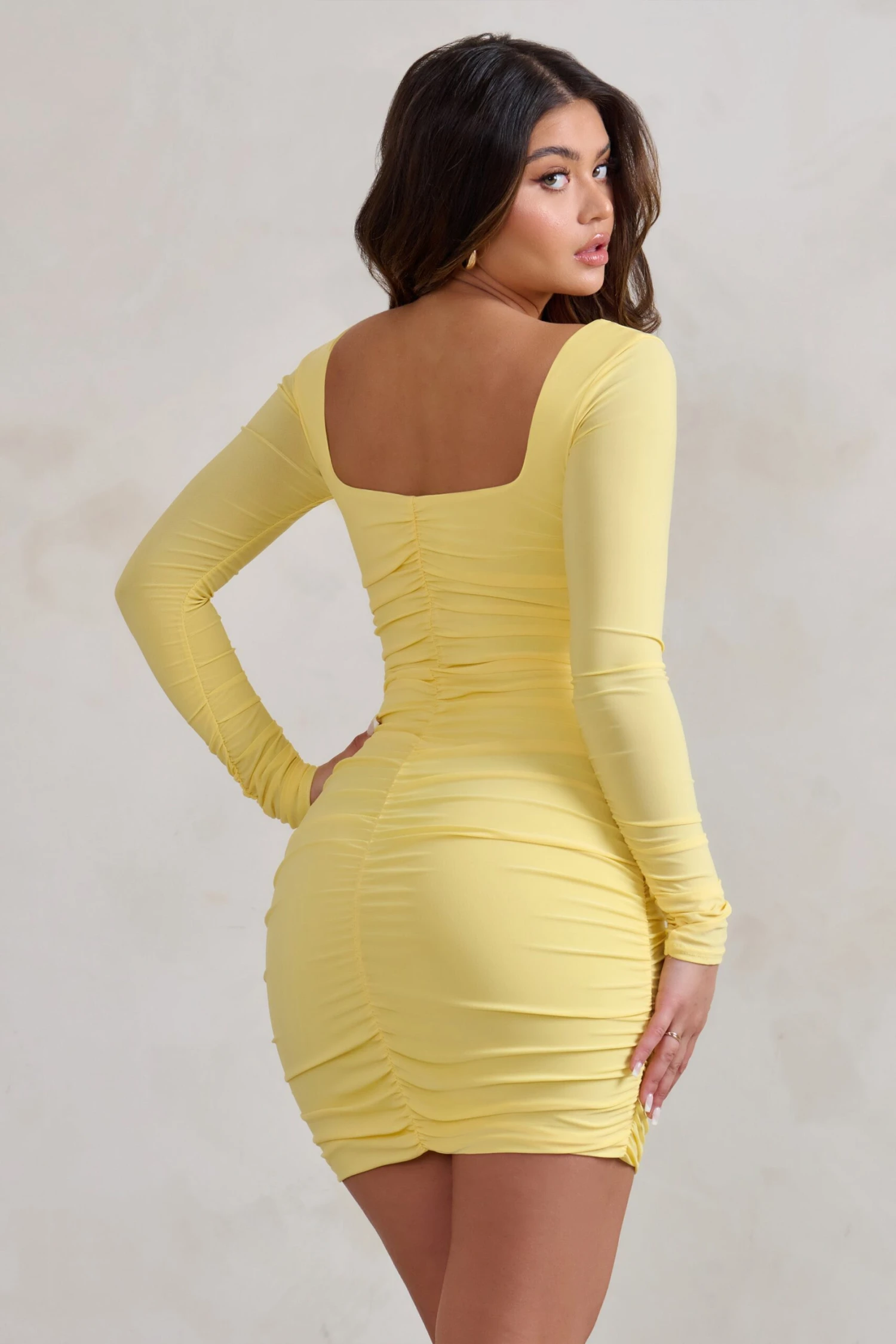 Muse | Lemon Long Sleeve Square Neck Ruched Mini Dress 4 Muse | Lemon Long Sleeve Square Neck Ruched Mini Dress - Image 2