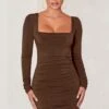 Muse | Chocolate Long Sleeve Square Neck Ruched Mini Dress -Sangyong Store WB HR CL126709 chocolate Long Sleeve Square Neck Ruched Mini Dress 1