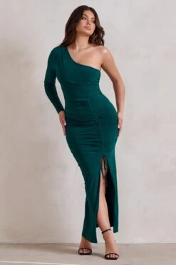 Mystical | Bottle Green One Shoulder Maxi Dress With Side Split -Sangyong Store WB HR CL126725 MysticalBottleGreenOneShoulderMaxiDressWithSideSplit2