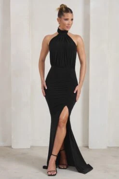 Forever Dreaming | Black Backless Halter Neck Ruched Split Maxi Dress -Sangyong Store WB HR CL126728 ForeverDreamingBlackHalterneckRuchedSplitMaxiDress0