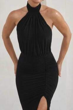 Forever Dreaming | Black Backless Halter Neck Ruched Split Maxi Dress -Sangyong Store WB HR CL126728 ForeverDreamingBlackHalterneckRuchedSplitMaxiDress4