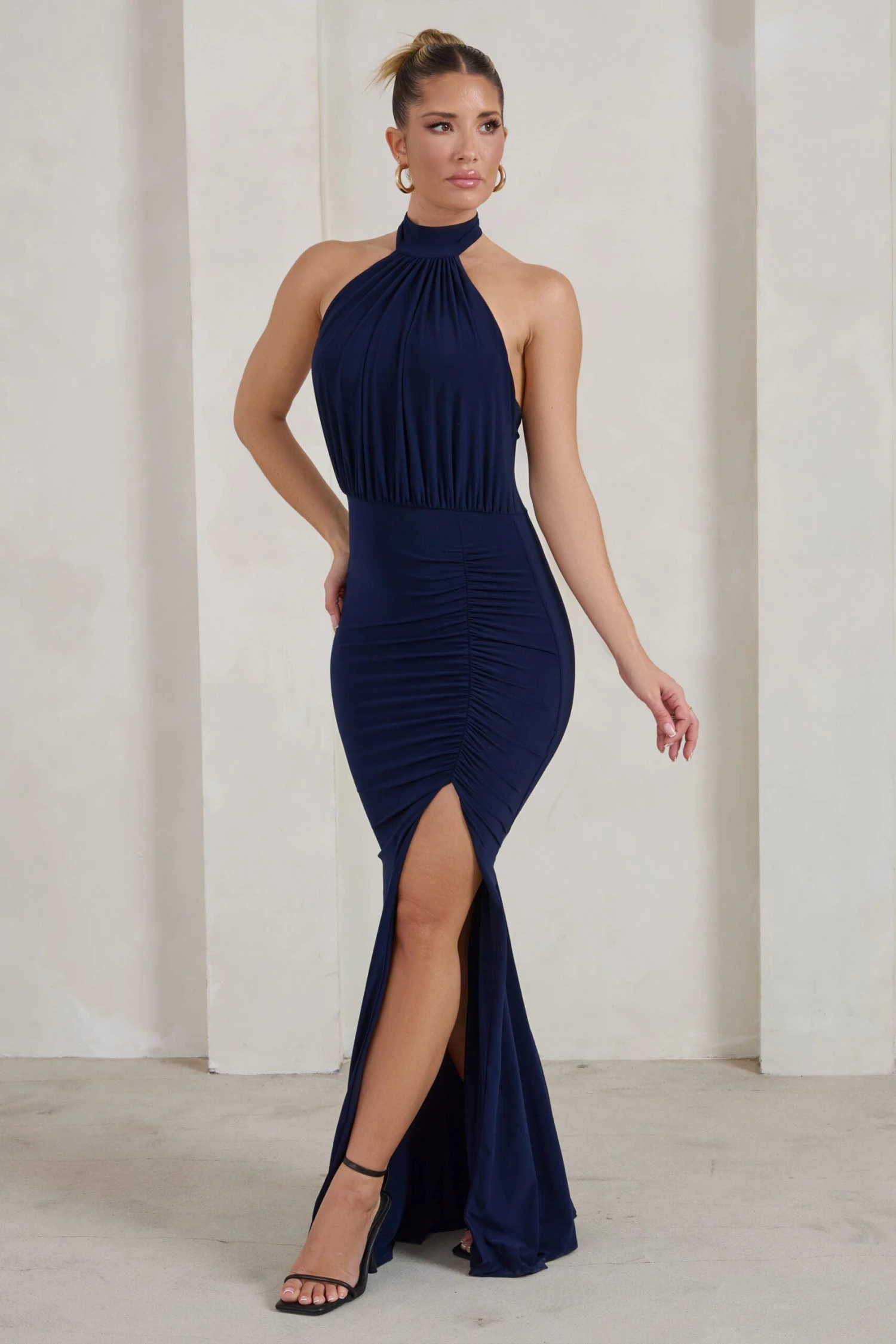 Forever Dreaming | Navy Backless Halterneck Ruched Split Maxi Dress 7 Forever Dreaming | Navy Backless Halterneck Ruched Split Maxi Dress - Image 5