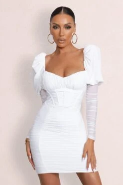 Reminiscent | White Puff Sleeved Ruched Mini Dress -Sangyong Store WB HR CL126771 ReminiscentWhitePuffSleevedRuchedMini1