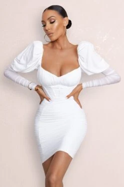 Reminiscent | White Puff Sleeved Ruched Mini Dress -Sangyong Store WB HR CL126771 ReminiscentWhitePuffSleevedRuchedMini2