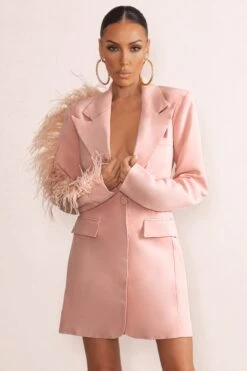 One In A Million | Pink Blazer Mini Dress With Feather Trim -Sangyong Store WB HR CL127037 OneInAMillionNudeBlazerDressWithFeatherTrimDownOneArm0