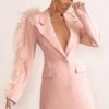 One In A Million | Pink Blazer Mini Dress With Feather Trim -Sangyong Store WB HR CL127037 OneInAMillionNudeBlazerDressWithFeatherTrimDownOneArm1