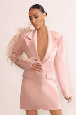 One In A Million | Pink Blazer Mini Dress With Feather Trim -Sangyong Store WB HR CL127037 OneInAMillionNudeBlazerDressWithFeatherTrimDownOneArm2