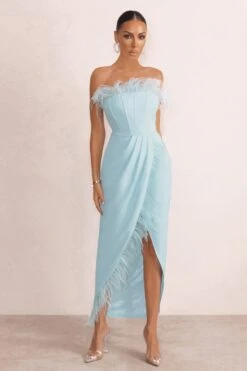 Cosmo | Powder Blue Bandeau Corset Maxi Dress With Feather Trim -Sangyong Store WB HR CL127049 PricelessPowderBlueBandeauFeatherCorsetMidiDressWithFeatherTrim0