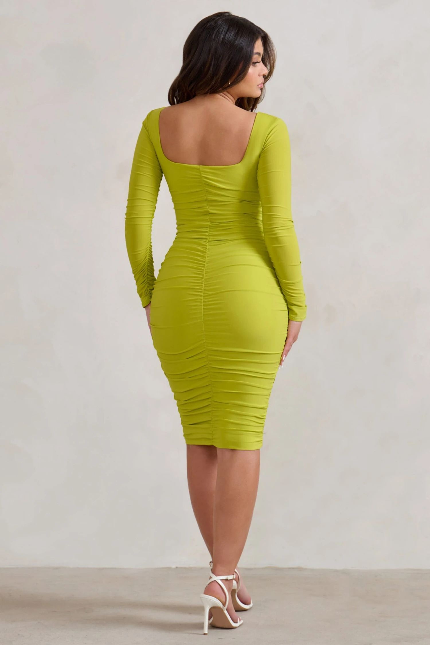 Seductress | Acid Lime Long Sleeve Square Neck Ruched Midi Dress 4 Seductress | Acid Lime Long Sleeve Square Neck Ruched Midi Dress - Image 2