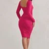 Seductress | Hot Pink Long Sleeve Square Neck Ruched Midi Dress -Sangyong Store WB HR CL127075 SeductressHotPinkLongSleeveSquareNeckRuchedMidiDress5