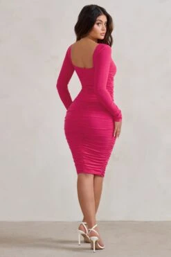 Seductress | Hot Pink Long Sleeve Square Neck Ruched Midi Dress