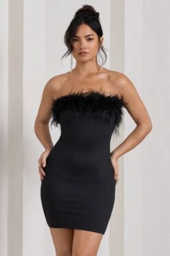 Stop The Show | Black Feather Trim Bandeau Mini Dress -Sangyong Store WB HR CL127104002 StopTheShowBlackFeatherTrimBandeauMiniDress2