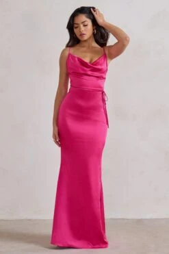 Lifetime | Fuchsia Pink Satin Cowl Neck Maxi Dress With Cross Back Detail -Sangyong Store WB HR CL127192 LifetimeFuchsiaPinkSatinCowlNeckMaxiDressWithCrossBackDetail0