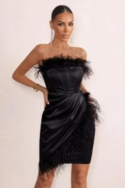 Forever High | Black Bandeau Wrap Front Mini Dress With Feather Trim 11 Forever High | Black Bandeau Wrap Front Mini Dress With Feather Trim -Sangyong Store WB HR CL127263 ForeverHighBlackBardotCorsetMiniDressWithFeatherTrim1