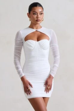 Daiquiri | White Ruched Cut Out Mesh Mini Dress With Long Sleeves -Sangyong Store WB HR CL127288005 02312