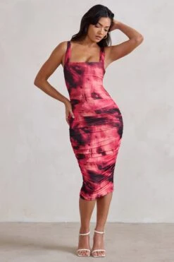 Lisbon | Pink Printed Square Neck Ruched Midi Dress -Sangyong Store WB HR CL127326 LisbonPinkPrintedSquareNeckRuchedMidiDress2
