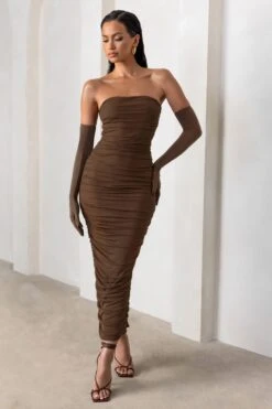 My Lady | Chocolate Brown Strapless Bodycon Ruched Mesh Maxi Dress -Sangyong Store WB HR CL127347 MyLadyChocolateBrownStraplessBodyconRuchedMeshMidiDress CL127020 AnastasiaChocolateOperaGloves1