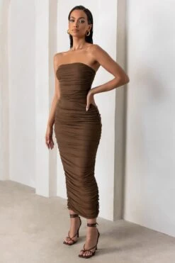 My Lady | Chocolate Brown Strapless Bodycon Ruched Mesh Maxi Dress -Sangyong Store WB HR CL127347 MyLadyChocolateBrownStraplessBodyconRuchedMeshMidiDress CL127020 AnastasiaChocolateOperaGloves5