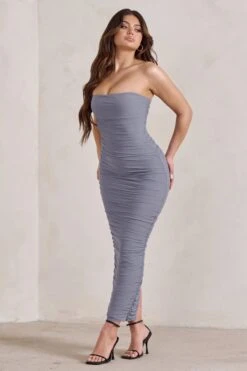 My Lady | Grey Strapless Bodycon Ruched Mesh Maxi Dress -Sangyong Store WB HR CL127347 MyLadyGreyStraplessBodyconRuchedMeshMidiDress3