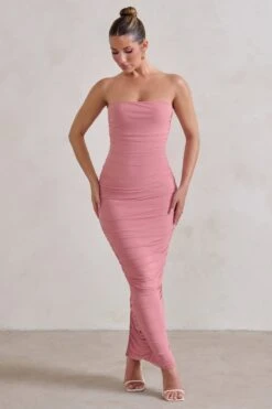 My Lady | Powder Pink Strapless Bodycon Ruched Mesh Maxi Dress -Sangyong Store WB HR CL127347 MyLadyPowderPinkStraplessBodyconRuchedMeshMidiDress2