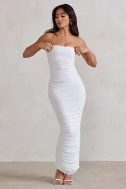My Lady | White Strapless Bodycon Ruched Mesh Maxi Dress -Sangyong Store WB HR CL127347 MyLadyWhiteStraplessBodyconRuchedMeshMidiDress2