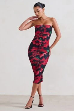 My Girl | Black & Red Floral Print Bandeau Bodycon Ruched Mesh Midi Dress -Sangyong Store WB HR CL127347 MyLady Black RedFloralPrintBandeauBodyconRuchedMeshMaxiDress1 1